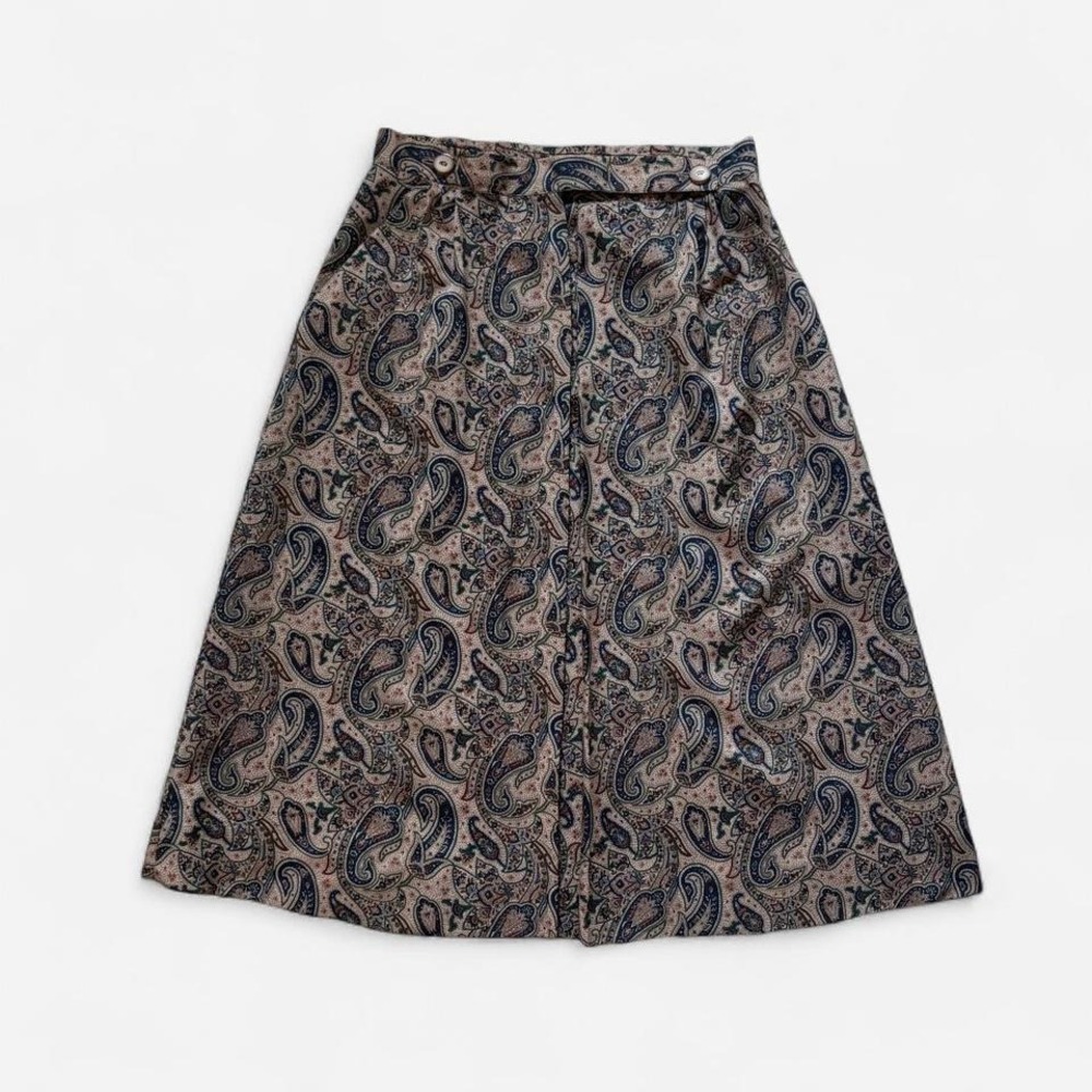 Vintage Midi Skirt Paisley Front Pleat 70s 80s Patterned Women's S M Beige Green